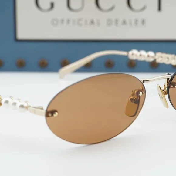 Gucci GG1922S 003 Oval Sunglasses - Endura Gold with White Pearl/Brown - Picture 10 of 12